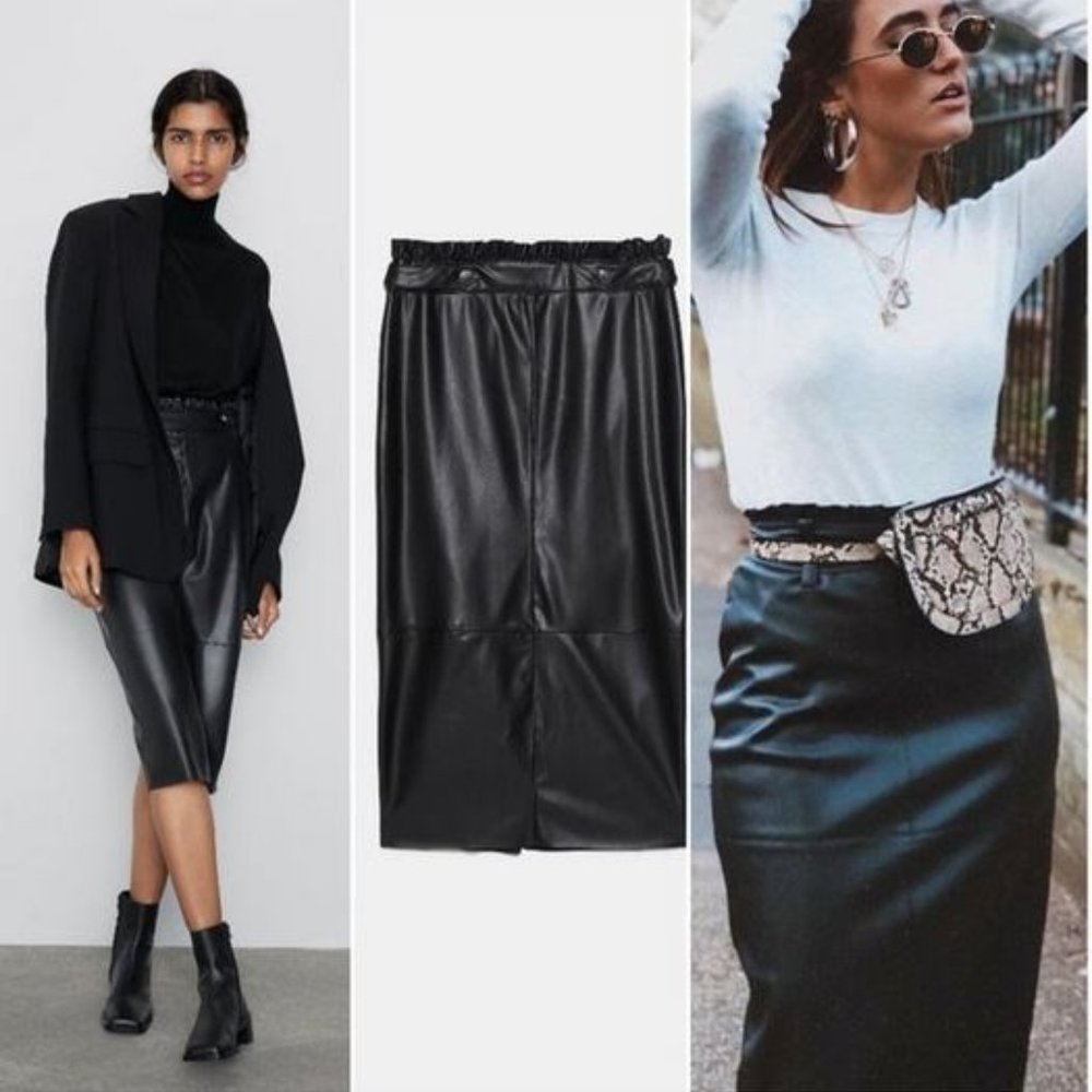 Zara Black Faux Leather Skirt With Gold Buttons, NWT, S